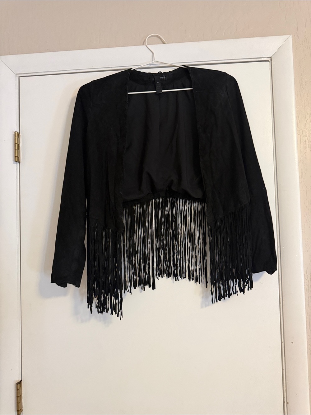 Aqua Black Fringe Open-Front Leather Jacket